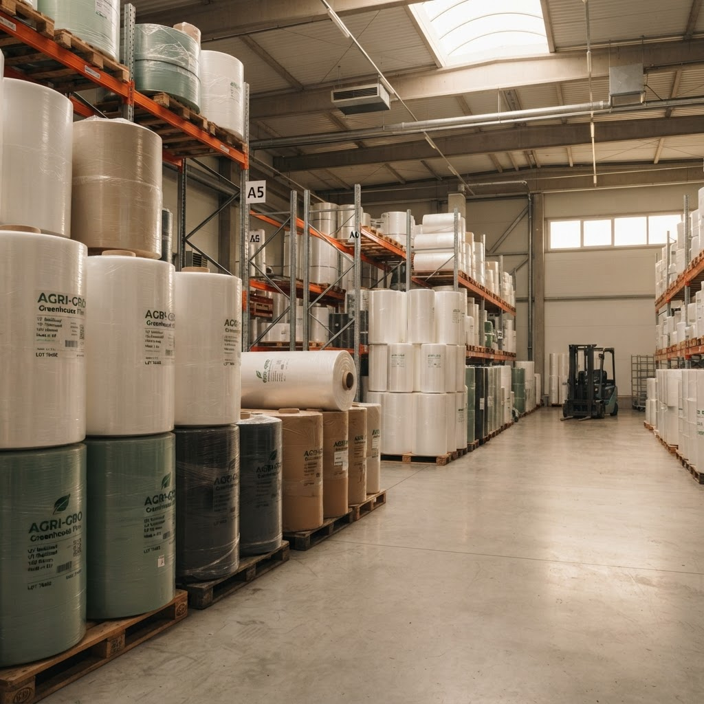 Rolls of industrial plastic sheeting in a manufacturing facility